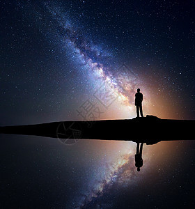 夜空,银河个站湖边山上的人的轮廓,水中反射着天空银河系人类个人的星系轮廓宇宙旅行背景图片