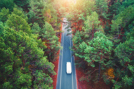 日落时,夏季森林里用模糊的汽车俯瞰道路令人惊叹的景观与乡村道路,树木与绿叶晴天穿过公园的高速公路飞行无人机的顶部图片