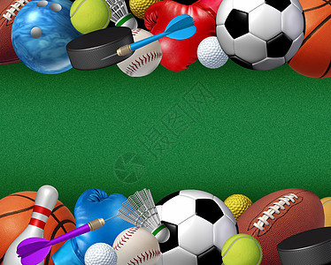 体育活动与篮球拳击高尔夫保龄球网球羽毛球足球飞镖冰球棒球等设备接壤,绿色纹理背景下的健身健康元素图片