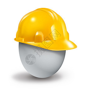 健康保险保护标志管理风险身体护理与黄色塑料安全帽,保护脆弱的白蛋免受伤害事故图片