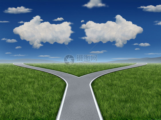 决策灵感云的形状,箭头标志指向相反的道路,十字路口的商业困境象征图片