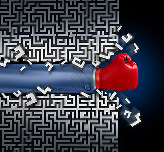 迷宫中用企业挑战障碍中的战略打破领导商业愿景,用个商人的手臂个红色的拳击手套,迷宫中清除条道路,为成功提供个清图片