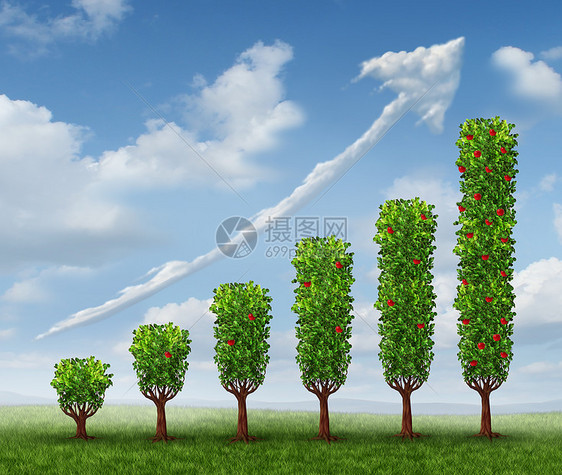 商业增长成功种金融,形状为种植树木与水果云的形状,向上箭头投资财富的,结出果实图片