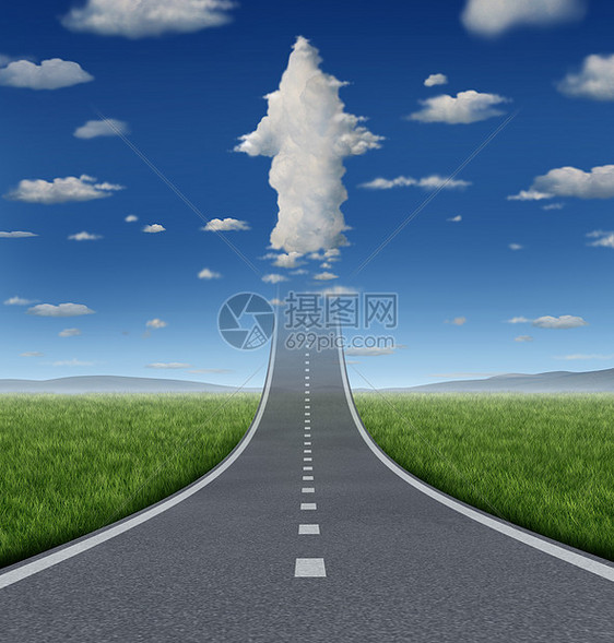 成功的无限的,条公路条公路向前延伸,消失天空中,群云彩被塑造成箭头,金融自由愿望的商业象征图片