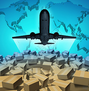 航空货物运输,飞机飞行个三维上的邮件快递包裹上,全球海外运输的象征图片