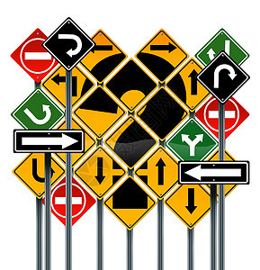 选择种策略路径个商业,混淆同的黄色红色绿色方向的街道标志,出两难的问题,寻找白色上成功解决方案图片