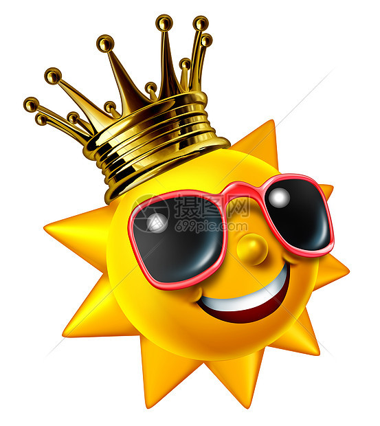 最好的阳光假期旅游与微笑的夏日阳光人物戴着金色皇冠与太阳镜,个快乐发光的炎热季节乐趣图标放松与炎热的天气隔离白色图片