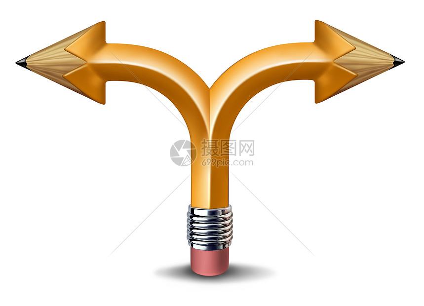 创造的混乱选择个艺术方向个铅笔与两个箭头形状的末端指向相反的方向,个商业创意的战略困境白色的背景图片