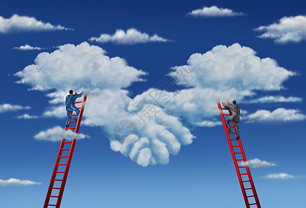 协议计划商业交易与个由两名商人成的商业集合作,共同攀登梯子,以塑造天空中的云,象征的握手图片