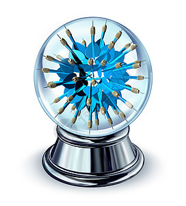 目标预测未来的商业战略预测个水晶球,蓝色飞镖向四八方,预测金融机会的图片