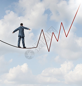 投资风险财务管理领导技能个商业隐喻广告与个商人走根钢丝绳上,这个股票市场的形状天空背景图片