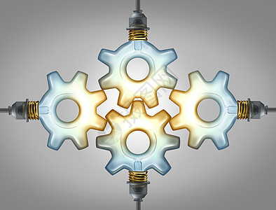 商业集的灵感四个发光的灯泡,形状为齿轮轮齿轮连接,个强大的伙伴关系网络中取得图片