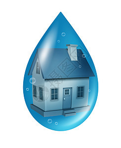 洪水保险的水损坏的住宅,房子漂浮蓝色的液体滴,洪水问题的象征,孤立白色的背景上图片