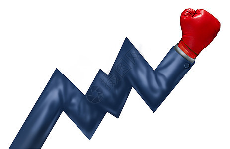 竞争增长表现成功的领导个商业,强大的财务管理,个商人的手臂,红色的拳击手套形状为股票市场图隔离白色图片