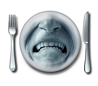 家糟糕的餐馆里,用叉子刀盘子糟糕的服务体验,令人厌恶恶心满的顾客表情,令人恶心食物中图片