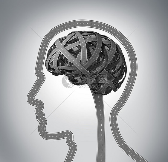 人类的指导记忆丧失由于痴呆阿尔茨海默病三维道路的人类头部大脑纠缠个混乱的方向心理功能图片