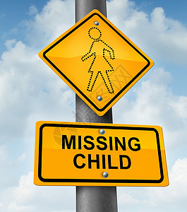 儿童失踪的与黄色学校交叉交通警告标志与个小女孩的虚线,儿童失童的象征,因为失败的收养绝望中,由于绑架背景图片