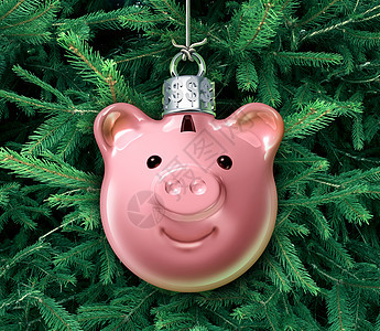 诞节的商业理念用节日树装饰装饰,形状像个储蓄罐,棵绿色的常青树,冬季节日期间管理礼品消费的财务象征图片