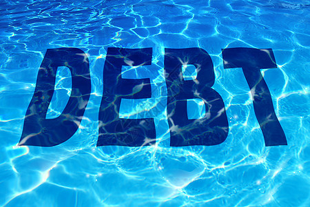 淹没债务商业金融中,图标词蓝色水池的闪闪发光的反射下下沉,偿还债务的金融问题的象征,导致预算管理绝望图片