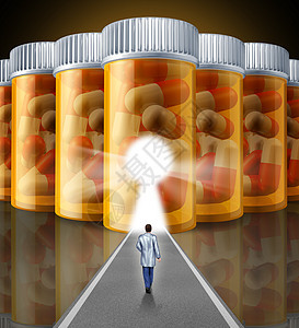 医学研究医学与科学家医生走向堵墙,用药物处方药药丸瓶与个发光的钥匙孔,化学科学技术人类健康的象征背景图片