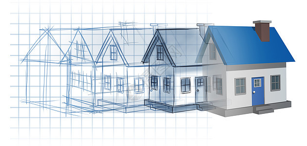住宅开发建筑规划理念种初步的蓝图,图纸草图演变为个成品建筑住宅,住宅行业建筑灵感的象征图片