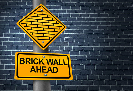反砖墙的商业,困难困难的限制临的旅程,重点成功的黄色交通标志,警告未来的挑战障碍,将阻碍计划的战略图片