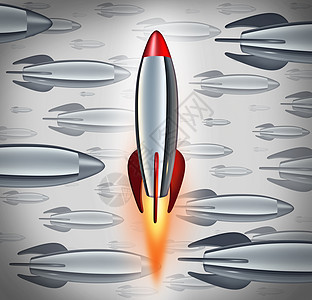其他商业中脱颖而出,最好的品种隐喻,红色火箭上升,并其他普通灰色平板飞行火箭中脱颖而出,非凡领导成功的象征图片