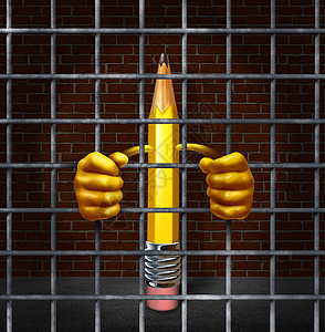 创造的街区创意与铅笔字符监狱牢房中,持金属笼条被卡住的象征,缺乏表达自由少犯的商业象征图标图片