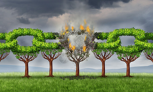 断链业务与连接的树木形状为连接的链接,正被打破分离与燃烧的火,个比喻破裂的网络问题风暴天空图片