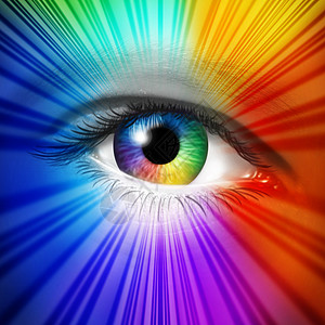 光谱眼种人的虹膜瞳孔,反光的五彩星爆效果,隐喻时尚美化妆品创造视觉的力量图片