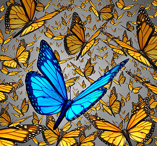 新的愿景人群中脱颖而出,商业理念个的象征创新思维,群帝王蝴蝶,以种独特的昆虫色蓝色创意的象征图片
