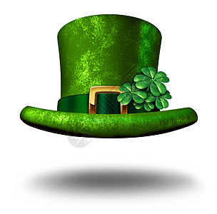绿色三叶草幸运顶帽帕特里克节的象征爱尔兰传统庆祝活动的幸运图标,白色背景上漂浮空中的小妖精帽上装饰着神奇的四叶草图片