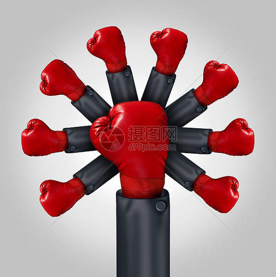 提高竞争力的商业领导理念,个戴着红色拳击手套的商人的手臂手套领导者身上出现,竞争队力量的隐喻图片