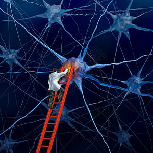 大脑医生红色梯子上检查人类头部的神经元,试图治愈痴呆其他神经疾病引的记忆丧失受损细胞,医学研究希望的心理健康隐喻图片