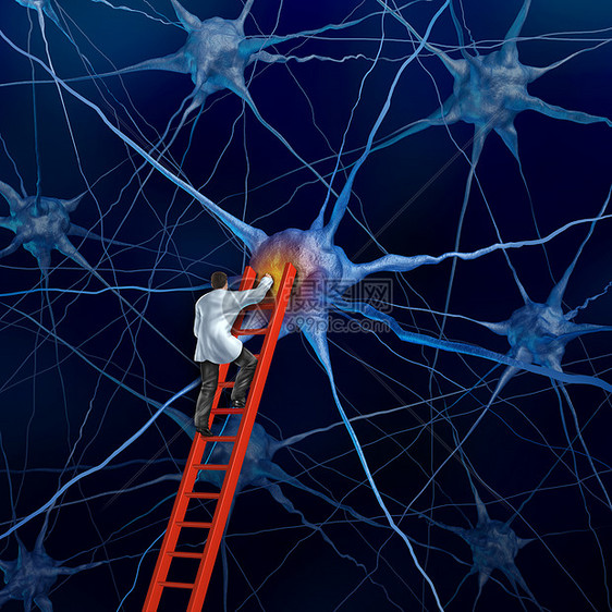 大脑医生红色梯子上检查人类头部的神经元,试图治愈痴呆其他神经疾病引的记忆丧失受损细胞,医学研究希望的心理健康隐喻图片