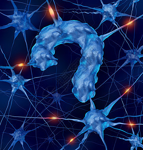神经学质疑医学,活跃的人类神经元被塑造成问号,大脑神经系统疾病的科学研究的隐喻,就像Parkinsonsziemer图片