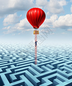 逃离机会摆脱逆境解决方案的领导,个商人爬上个梯子,走出个复杂的迷宫热气球,个商业,克服挑战的财务成功背景图片