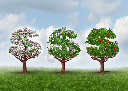 经济复苏断增长的财富商业隐喻树木形状为美元标志,逐渐生长的叶子结果财富金融成功的象征个增长的行业图片