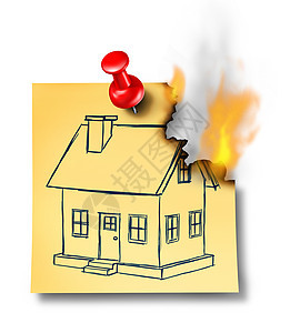 家庭保险与个通用的房子图纸上的燃烧纸说明与个缩略图销,以比喻火灾风险住宅烟雾报警器安全系统的重要图片