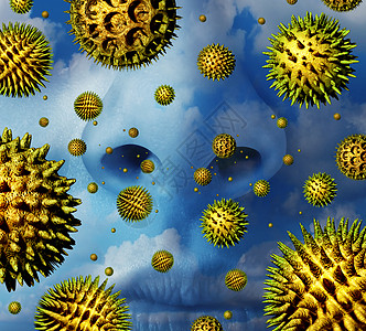 花粉过敏显微镜下的机授粉颗粒,开花植物空气中飞行,人类的鼻子准备打喷嚏,季节过敏花粉热的保健象征图片