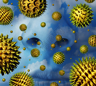 花粉过敏显微镜下的机授粉颗粒,开花植物空气中飞行,人类的鼻子准备打喷嚏,季节过敏花粉热的保健象征背景图片
