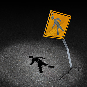 交通事故伤害种损坏的路标,个人的行人标志掉地板上,骨折,车祸后身体疼痛,比喻意外保险酒后驾驶的危险图片