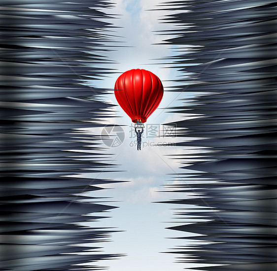 商业风险财务管理的,个商人引导个红色热气球个危险的迷宫尖尖的尖峰,个危机隐喻象征成功的管理技能困图片
