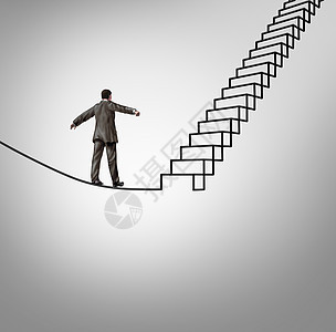 风险机会危险管理的商业与个商人平衡的紧绳,形状为向上楼梯楼梯,个金融职业隐喻,以克服困难的挑战减少确定图片