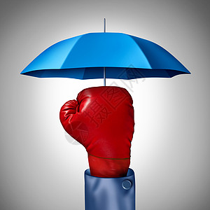 竞争保护商业与红色拳击手套商人与蓝色伞符号保护防御缓冲保护风险金融确定图片