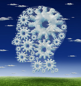 头部大脑齿轮的人类智力思维的象征,群相连的云蓝天上齿轮,学教育的隐喻图片