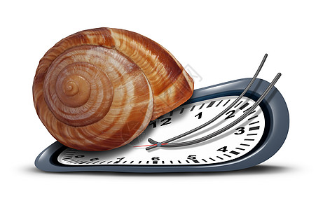 慢服务个时间时钟,外壳形状像蜗牛,比喻拖延悠闲的客户服务,白色背景上感疲倦困倦的象征图片