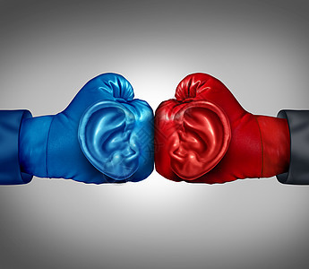 用红色蓝色的拳击手套听你的竞争商业,用人类的耳朵符号倾听分析竞争环境中的信息,规划战术战略的隐喻图片