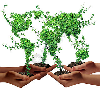 环境社区商业发展理念群全球少数民族手中握着绿色植物,树叶形状为世界,象征着国际经济的增长图片