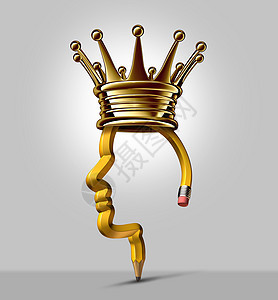 铅笔王创意领袖商业教育符号种书写工具,塑造成个人头,戴着金冠,创新领导成功创造者的象征图片
